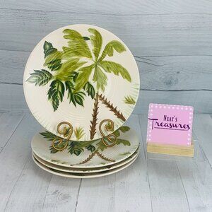 Tabletops PLAYA VISTA TROPICAL PALM Tree Beach  Hand Painted Dinner Plates Set 4